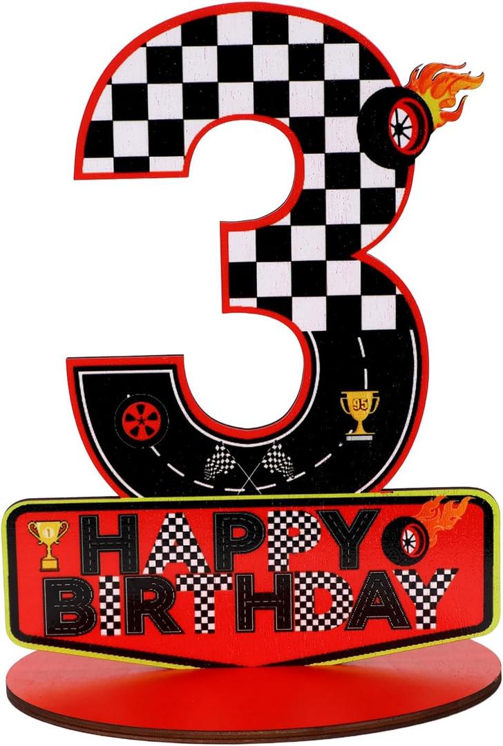 Racing Car Birthday Number Sign Centerpiece, 3rd Wooden Table Decoration for Race Theme 3rd Birthday Decoration