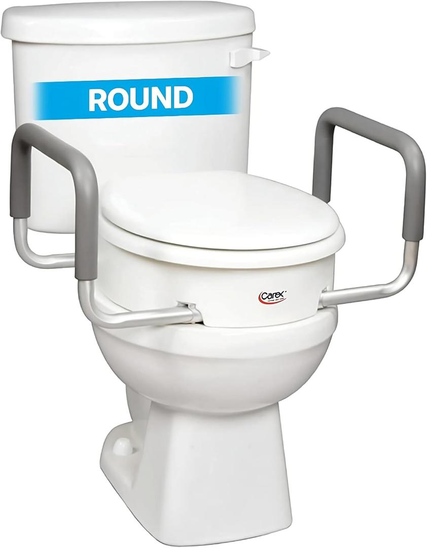 Carex 3.5 Inch Raised Toilet Seat with Arms, Round Toilet Seat Riser, 300 lbs Capacity, Elevating and Raising Seat for Elderly and Handicap, Universal, Slip-Resistant with Padded Handles, White