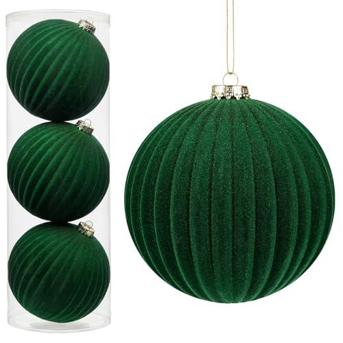 6" Extra Large Velvet Christmas Ball Ornaments Set of 3, Oversized Flocked Ornaments for Xmas Tree Mantel Centerpieces Bowl Fillers, Big Deep Green Christmas Ornament for Winter, Holiday, Party Decor