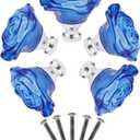 Yetaha Blue Crystal Drawer Knobs, 5PCS Rose Shape Glass Handles Flower Decorative Cabinet Pulls for Dresser Cupboard Bathroom Furniture Hardware Decoration, with Screws