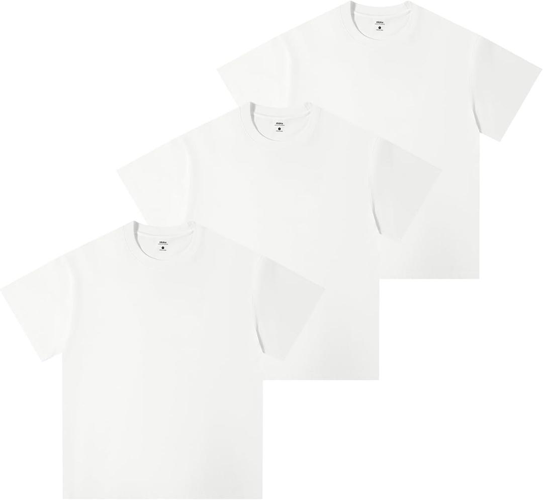 Heavyweight Cotton T-Shirts for Men Women Unisex Short Sleeve Tees Crewneck Tops Loose Casual (White, L)