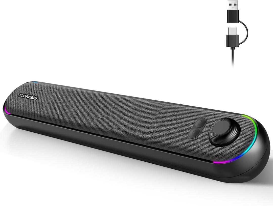 Desktop Computer Speakers, Stereo Soundbar, Bluetooth 5.3, USB/USB-C Power and Audio Transmission, Plug-and-Play, Compatible with PC, Mac, Laptops, Monitors, RGB Lighting, Wired Gaming Speakers