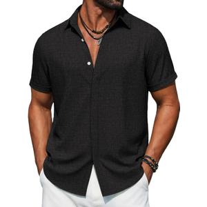 COOFANDY Men's Button Down Short Sleeve Shirts Casual Summer Vacation Shirts Linen Beach Wedding Shirt (Black, L)