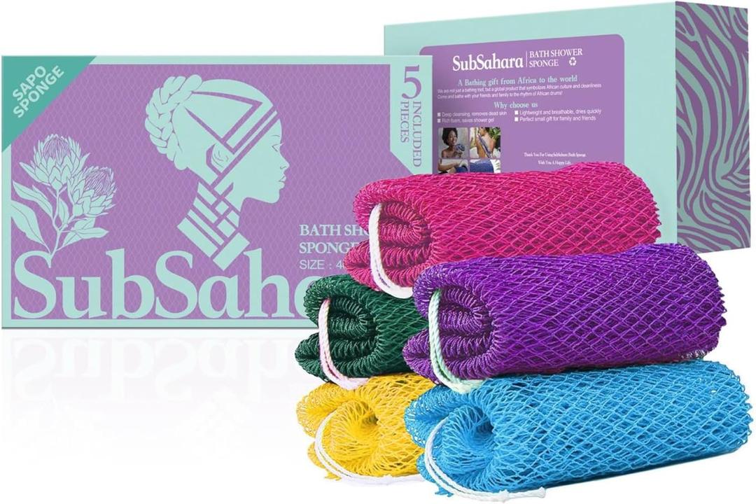 SubSahara Authentic African Net Sponge - 5 Pack Exfoliating Bath & Shower Loofah Sponge for Body & Face, Gentle Scrubber for All Skin Types, Travel, Durable (Purple,Blue,Red,Green,Yellow)