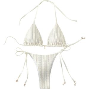 GORGLITTER Women's Lace Thong Bikini Set Cute Halter Triangle String Two Piece Swimsuit Tie Side High Cut Bathing Suit