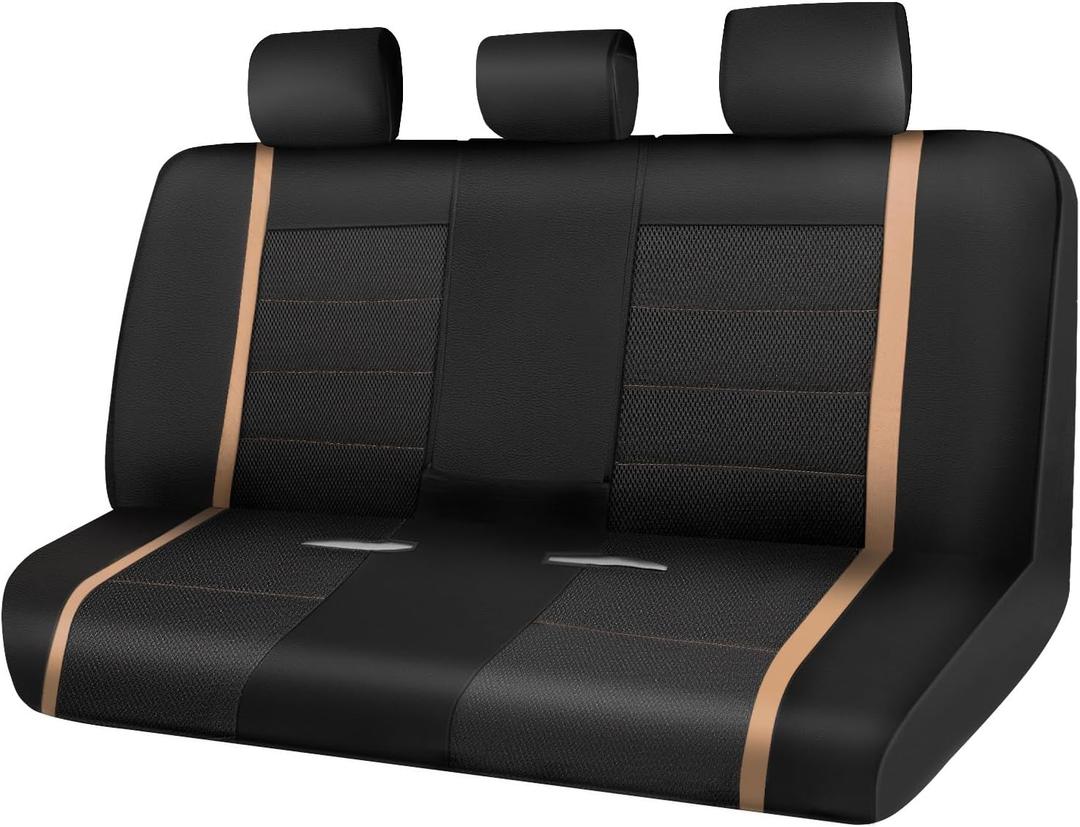 CAR-GRAND Leather Rear Seat Cover, Breathable Mesh Universal Bench Seat Cover Super 5mm Composite Sponge Inside Fits Most Automotive, Cars, SUVs, Trucks, and Vans Black Beige