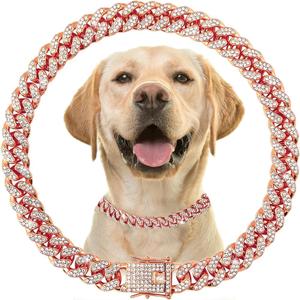 Dog Collars for Small Dogs with Diamond, Bling Metal Cuban Link Dog Collars, Rhinestone Rose Gold Dog Necklace Collar for Small Medium Large Pet Dogs Cats, 10 Inch