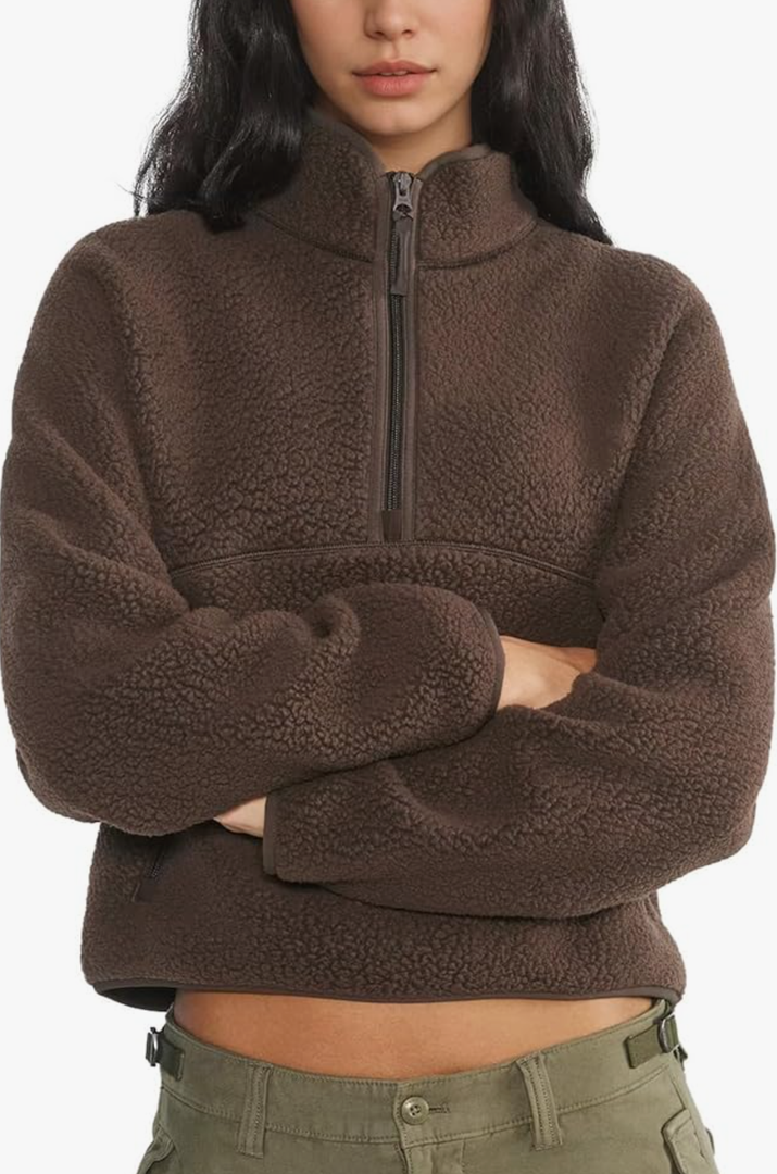 Womens Fleece Sweatshirts Cropped Half Zip Fuzzy Warm Sherpa Pullover Varsity Jackets with Zipper Pockets, Medium