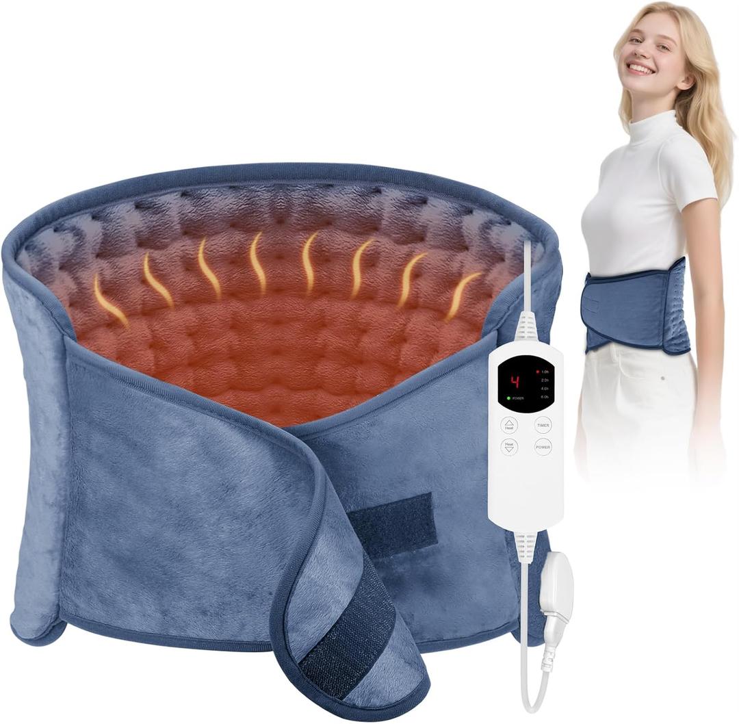 Heating Pad for Back & Period Cramps, 12"x24" Electric Heating Pad with 26" Waist Belt, 6 Heat Levels 4 Timers & 2H Auto Shut Off, Gift for Women Men Mom Dad (Blue)