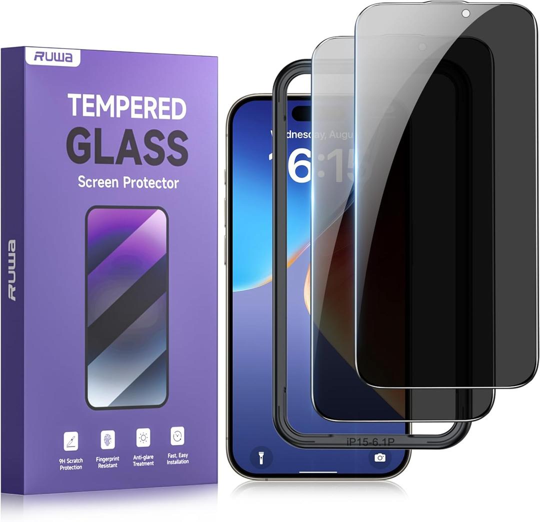 Ruwa Privacy Screen Protector for iPhone 15 Pro [6.1 Inch][2-Pack] Tempered Glass with Easy Installation Frame, Anti-Scratch, Anti-peep, Full Coverage