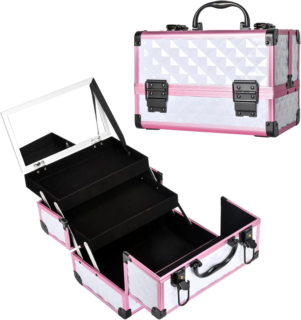 VETALLO Travel Makeup Train Case, Large Makeup Organizer I Makeup Bag with Mirror I Makeup Box Organizer and Storage I Makeup Train Case & Box Gifts for Women Mom Mother I White, White+Pink