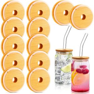 12 Pieces 16oz Bamboo Lids for Glass Cups, Wooden Lids for Beer Can Jars, Mason Jar Covers with Straw Hole 70 Mm/2.75 Inch Replacement Covers, Glasses and Straw Not Included