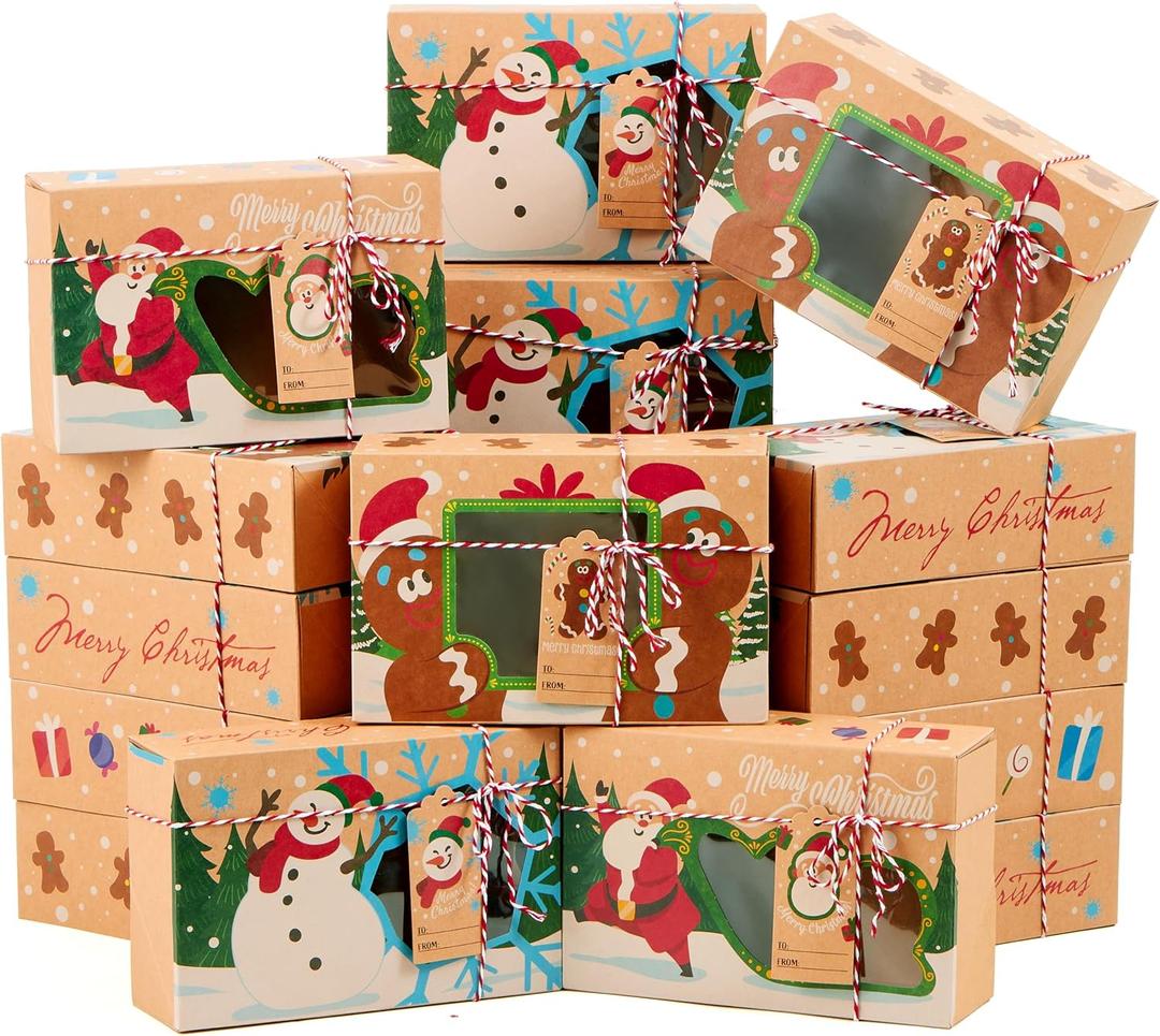 JOYIN 24 PCS Christmas Cookie Gift Baking Box 8.75" x 5.75" x 2.75” with Window Auto-Popup, Xmas Holiday Treat Boxes Containers with Tags for Party Favor Pastries, Cupcake, Brownies, Donut Gift-Giving, 24 Count