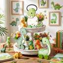 Yinkin 3 Pcs Wooden Dinosaur Baby Shower Table Decorations Rustic Baby Dinosaur Shower Figurines with Wheels Spring Table Centerpiece for Home Office Tiered Tray Decor