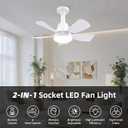 Socket Fan with Light and Remote, Socket Fan Light 3000K-6500K 3 Colors Dimmable, 5 Blades with Socket Extender,Portable Small Ceiling Fans for Bedroom, Garage, Kitchen, Living Room