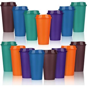 Domensi 15 Pack Reusable Coffee Cups with Lids 16 oz Disposable Travel Cups Bulk Plastic to Go Coffee Tumblers for DIY Hot Cold Drink Party Favors Coworker, Microwaveable (Colorful)