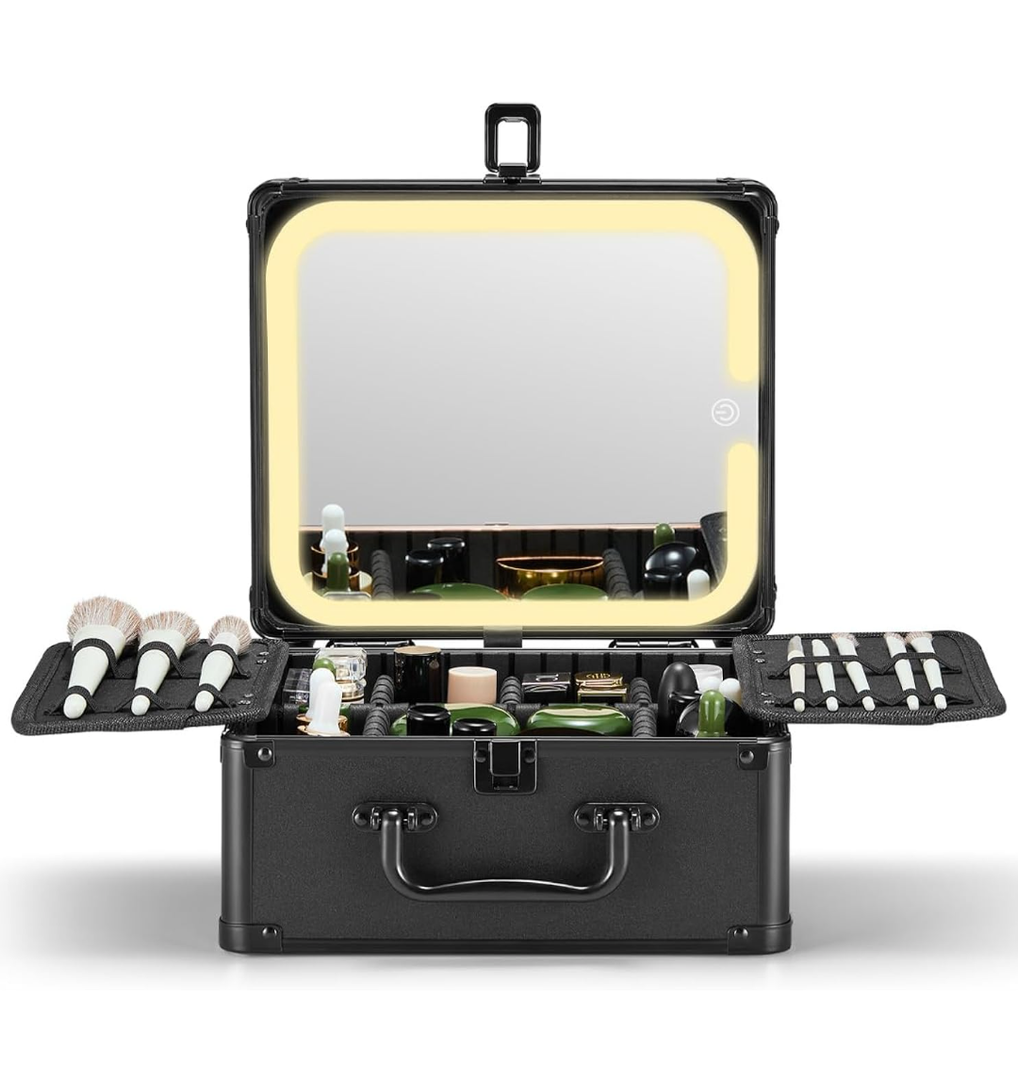 Qislee Makeup Box with A Detachable Lighted Mirror, Waterproof Travel Train Case, Cosmetic Organizer and Makeup Suitcase with Adjustable Dividers, Magnetic LED Mirror (Black)