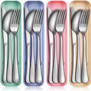 Yinkin 4 Pack Portable Travel Utensils Set with Case Reusable Stainless Steel Silverware Flatware Camping Cutlery Include Fork Spoon Knife for Work School Dishwasher Safe (Pastel Color)