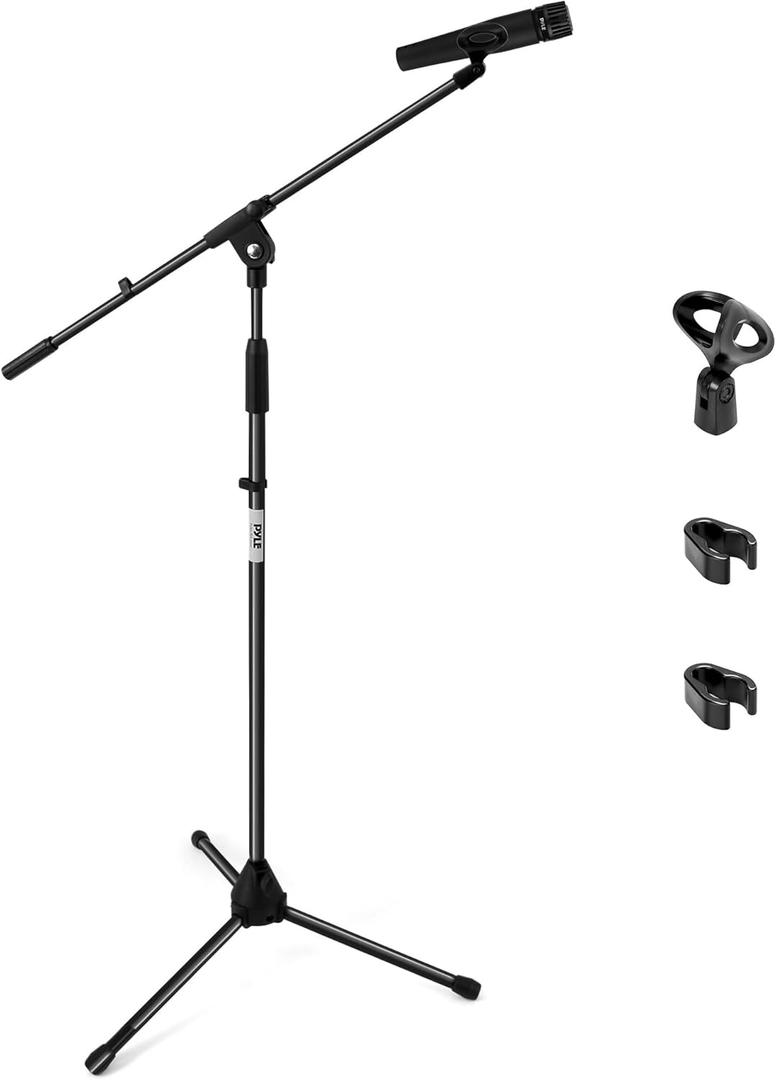 Pyle Foldable Tripod Microphone Stand - Universal Mic Mount and Height Adjustable from 37.5'' to 65.0'' Inch High w/ Extending Telescoping Boom Arm Up to 28.0'' - Knob Tension Lock Mechanism PMKS3