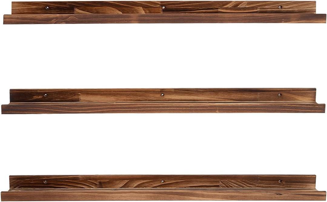 MBYD 48 Inch Picture Ledge Shelf Set of 3, Wall Mount Carbonized Burnt Black Floating Wall Shelves Photo Ledge Natutal Pine Wood for Bedroom, Living Room, Office, Kitchen, Bathroom Same Dimensions