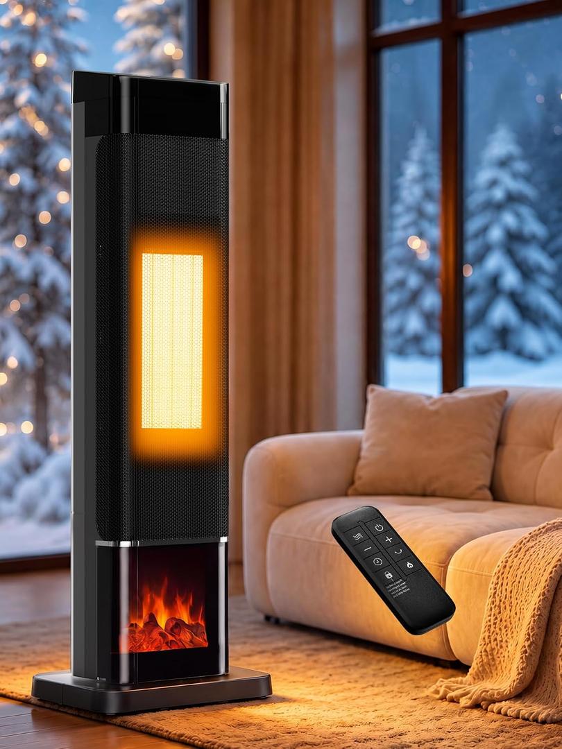 Uthfy Space Heaters for Indoor Use, 1500W Electric Heater for Large Room with 120° Oscillation&Child Lock, 24H Timer, 3 Color 3D Flame, Thermostat, Dust Filter, ECO Mode, Remote, Portable Tower Heater