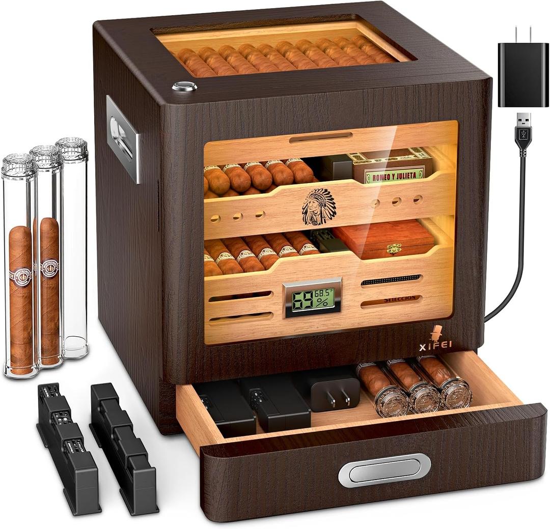XIFEI Cigar Humidor Cabinet with Adjustable LED Lighting, 3 Cedar Wood Drawer & Digital Hygrometer, 2 Humidifiers, Cigar Tube, Glass Top Desktop Humidor for 80-100 Cigars, for Men