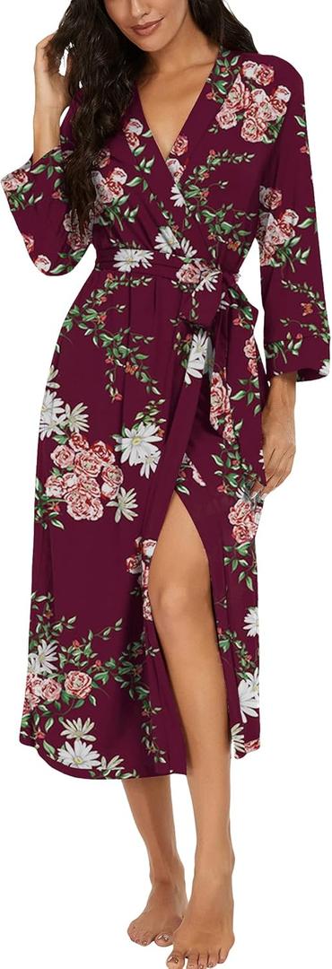 VINTATRE Women Kimono Robes Long Knit Bathrobe Lightweight Soft Knit Sleepwear V-neck Casual Ladies Loungewear (Medium, Red)