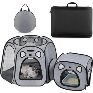 Cat Playpen with Separate Litter Box Area, Large Foldable Waterproof Cat Tent - 600D Oxford, Portable Indoor/Outdoor Pet Enclosure, Cage, House & Condos with Carrybag for Kittens, Small Dogs