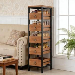 Kitchen Fruit Vegetable Storage Rack, 5-Tier Narrow Snack Fruit Display Stand with 5 Pull-Out Drawers Basket, Utility Organizer Standing Shelf for Kitchen Living Room Bathroom Supermarket, Walnut