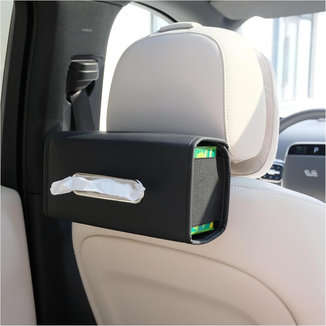 Premium PU Leather Car Tissue Holder, Classic Style, Rectangular, Black