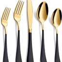 20-Piece Black & Gold Silverware Set, 18/0 Stainless Steel Colorful Handle Flatware Set, Service for 4, Modern Cutlery Set Includes Dinner Knives Forks Spoons, Mirror Polished, Dishwasher Safe