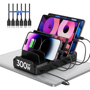 300W Charging Station for Multiple Devices, 8 Port Multi USB C Fast Charger Station Dock for MacBook iPhone 16/15/14/13/12 Samsung Pixel Series iPad, Black (6 Mixed Short Cables Included)