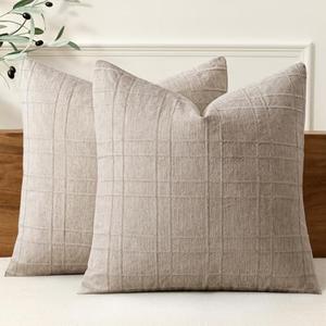 MIULEE Decorative Linen Check Euro Shams Throw Pillow Covers Neutral Farmhouse Vintage Pillow Covers 24x24 Set of 2 Boho Modern Home Decor for Sofa Couch Bedroom Cushion Natural Linen