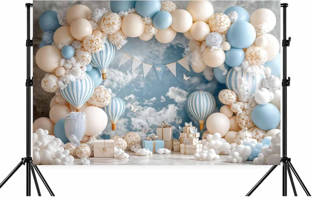 7x5ft Hot Air Balloon Backdrop Blue Sky White Clouds Butterfly Gift Photo Backdrops for Photography Newborn 1st Happy Birthday Party Decorations Wedding Bridal Space Travel Party