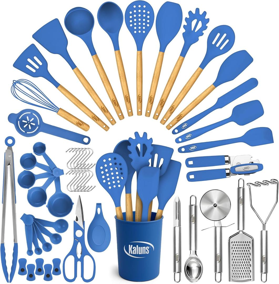 Kaluns 50 PCS Silicone Kitchen Utensils Set Complete Kitchen Set - 800F Heat Resistant Non-Stick Premium Cooking Utensils W Wooden Handles - Can Opener, Masher, Turner, Silicone Spatula Set (Blue)