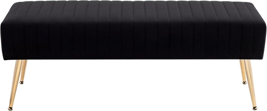 Furniliving 44 Inch Bedroom Bench, Upholstered Tufted Striped Fabric Ottoman Benches with X-Shaped Metal Legs for Living Room, Entryway Solid Wood Indoor Bench for Foyer (Black) (Large)