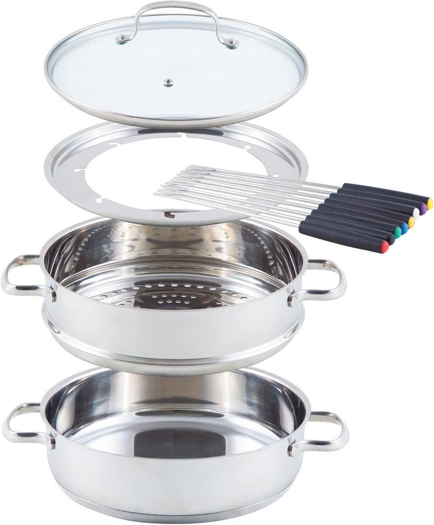 Nuwave 18/8 Stainless Steel Ultimate Cookware Set, Free of PTFE, PFOA, PFOS, Fondue Pot Set, Works On ALL Cooktops and Induction Cookers, Steamer Basket, Glass Lid & 8 Fondue Forks Included 