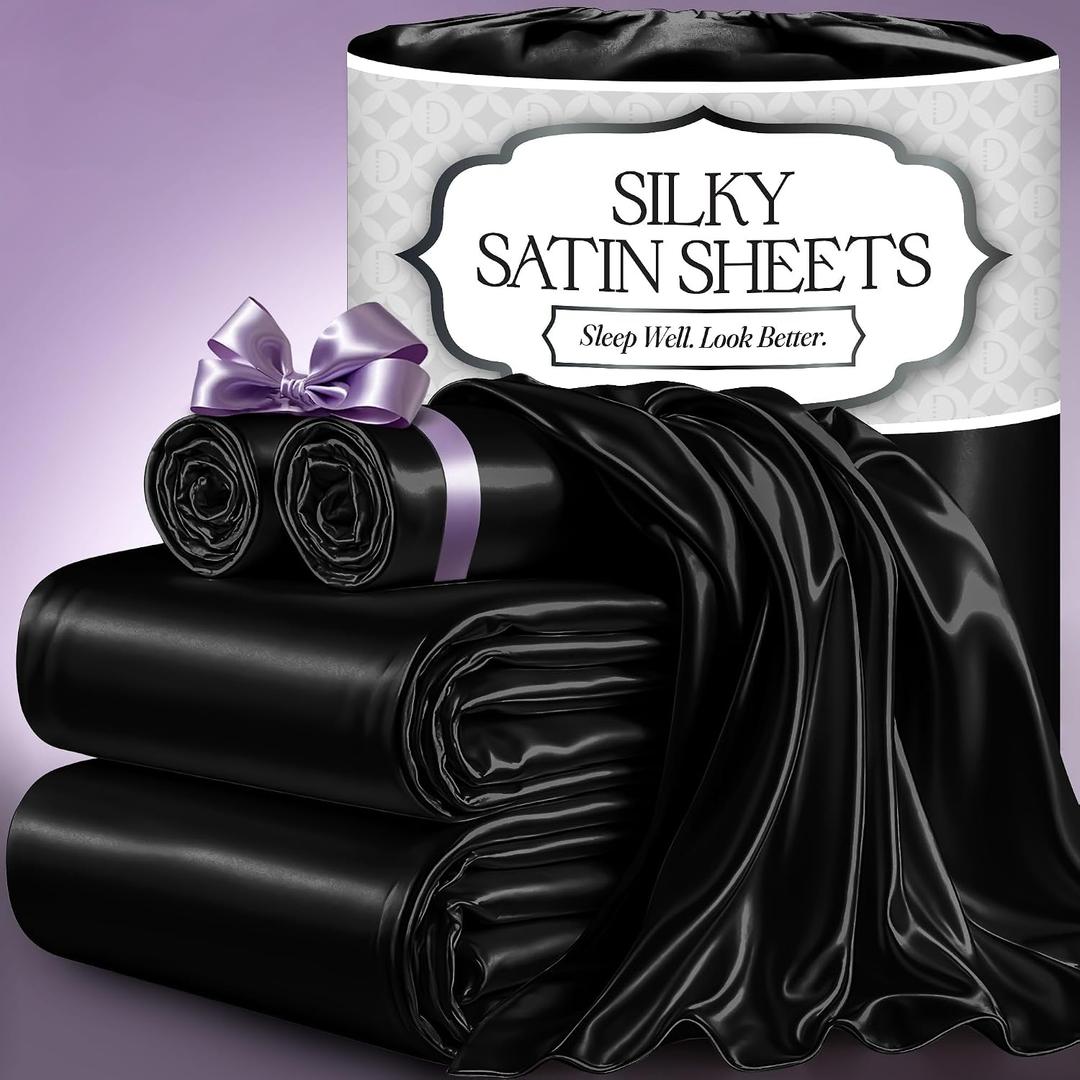 DECOLURE Satin Bed Sheets - 4 Piece Luxury Silky Queen Size Bedding Set - Softer Than Silk, Wrinkle-Free with 15 Deep Pocket Fitted Sheet, Perfect for Hair & Skin, Gifts for Women (Black)