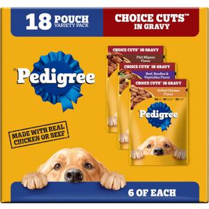 Pedigree Choice Cuts in Gravy Wet Dog Food, Adult Soft Wet Dog Food, Variety Pack, 3.5 oz. Pouches, 18 Count (EXP 08/06/26)