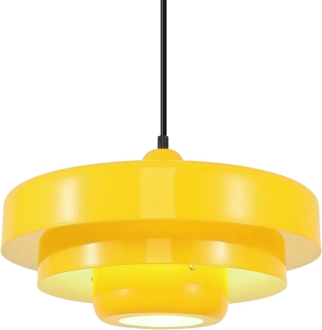 Mid Century Yellow Flush Mount Pendant Light, 3-Layer Metal Industrial Chandelier for Kitchen Island, Dining Room, Foyer, Retro Vintage Ceiling Light Fixture