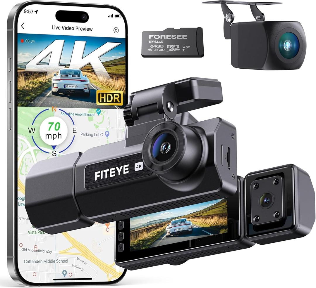 4K Dash Cam Front and Rear, 3 Channel Dash Camera with IMX335 Night Vision, WiFi GPS, Voice Control, 2K+1080P+1080P Dash Camera for Cars (64GB Card Included) Black