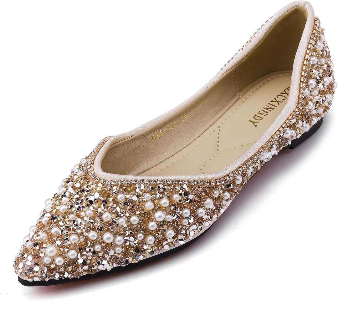 Women's Rhinestone Flats Fashion Pointed Toe Pearl Diamond Low Heel Dress Wedding Flats Work Business Dance Ballet Flats Gold Size - 11