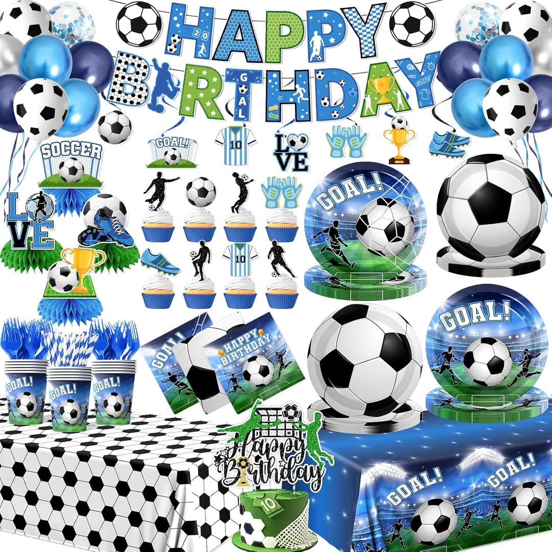 Soccer Birthday Party Decorations,200pcs Soccer Party Decorations Plates and Napkins Cups Tablecloth Cake Topper Honeycomb Balloon for Soccer Party Supplies, Serve 24