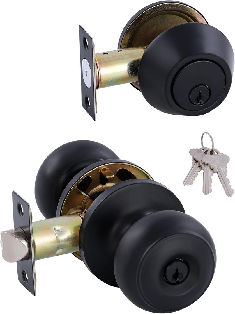 All Keyed Identical Deadbolt Door knob Single Cylinder Deadbolt Lock Combo Set, Classic Matte Black Exterior Door Knobs with Deadbolt Entrance and Front Door Lock (1)