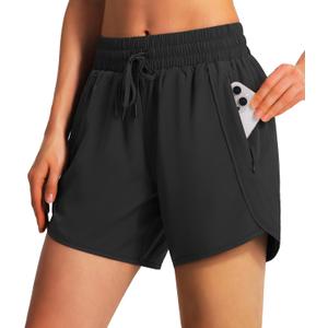 Ksmien Women's 5" Athletic Running Shorts Quick Dry Lightweight Workout Gym Shorts with Zipper Pockets UPF 50+ (Medium, Black)