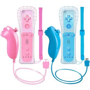 2 Packs Wireless Controller and Nunchuck for Wii and Wii U Console, Gamepad with Silicone Case and Wrist Strap (Pink and Blue)
