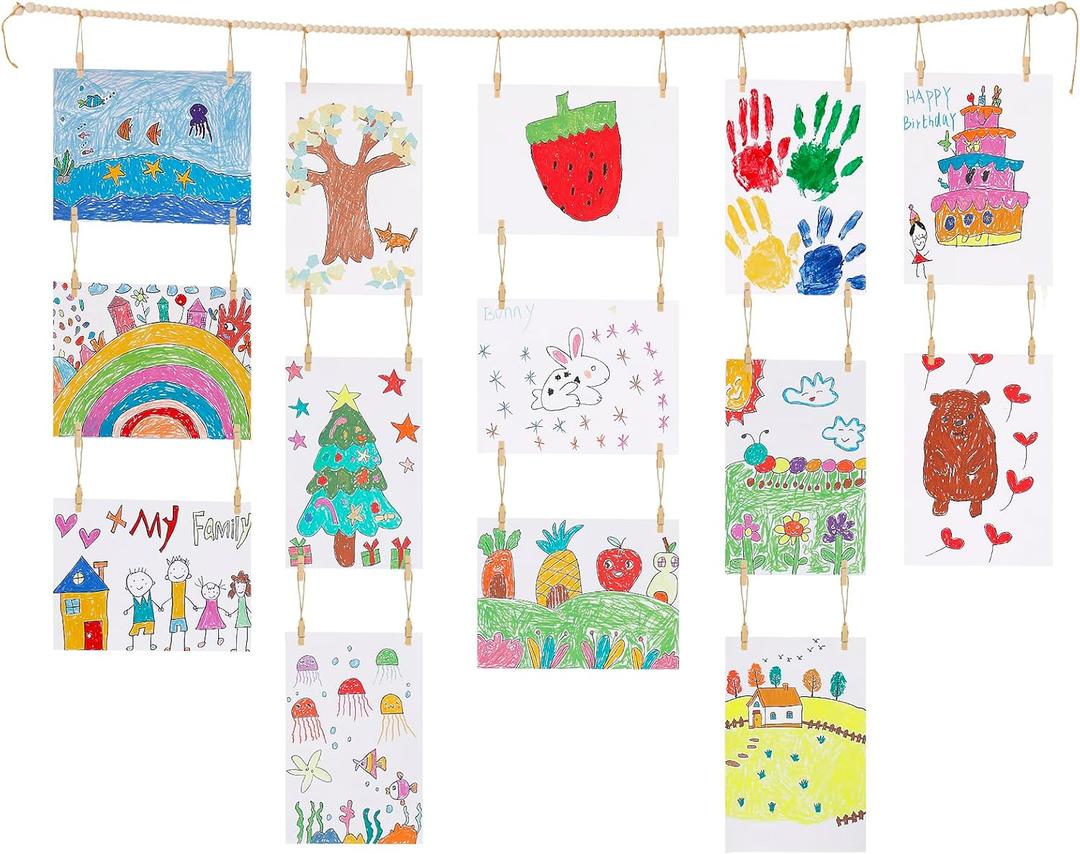 KLOGTSIND Kids Art Display Wall Decor, Wooden Beads Garland Frame Holder with 34 Clips For Kids Artwork, Photo, Wall Hanging Boho Room Bedroom Decor (Beige)