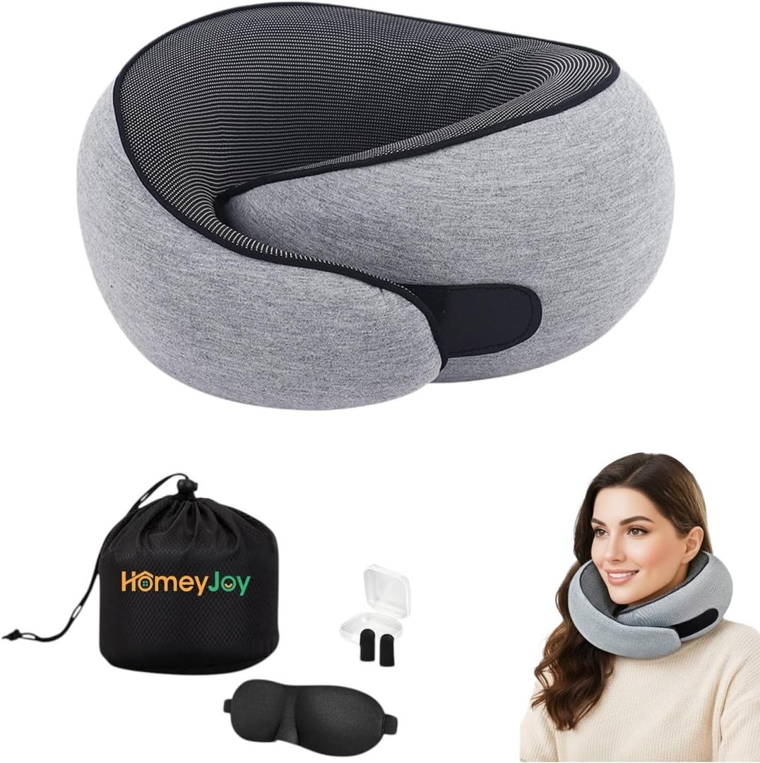 Neck Pillow Airplane 2025, Neck Pillow with 360 Ergonomic Support Design, 100% Pure Memory Foam Travel Pillow for Flight Headrest Sleep, Portable Plane Accessories, Light Grey