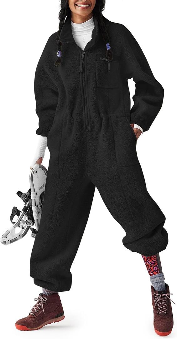 Yousify Womens Fleece Jumpsuits Onesie Winter Warm Overalls Casual Loose Ladies Ski Suit Outfits with Pockets (Medium, Black)
