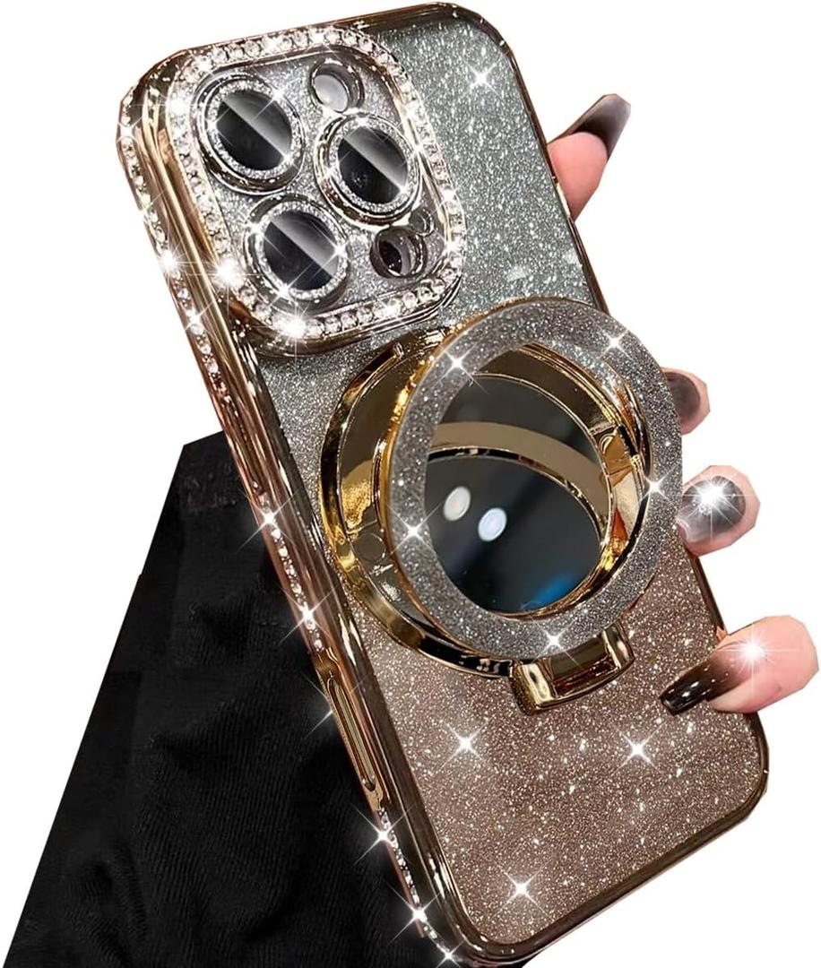 Magnetic Kickstand Glitter Case for iPhone 16 Pro Max,[Compatible with Magsafe] Bling Sparkly Rhinestones with Camera Protector Makeup Mirror Women Girls Case for iPhone 16 Pro Max 6.9", Gold